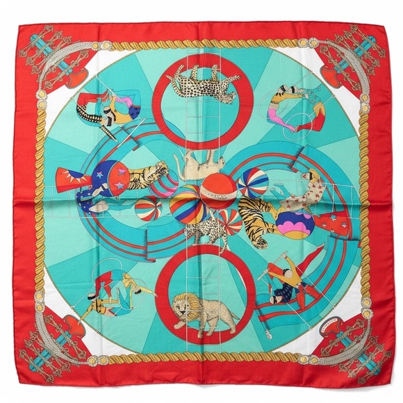 Hermes Circus 100% Silk Scarf in Red and Turquoise